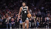 Nov 17, 2024; New York, New York, USA; Brooklyn Nets guard Cam Thomas (24) brings the ball up in the second quarter against the New York Knicks at Madison Square Garden. Mandatory Credit: Wendell Cruz-Imagn Images