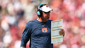 Sep 20, 2025; Norman, Oklahoma, USA;  Auburn Tigers head coach Hugh Freeze during the first half against the Oklahoma Sooners at Gaylord Family-Oklahoma Memorial Stadium. Mandatory Credit: Kevin Jairaj-Imagn Images