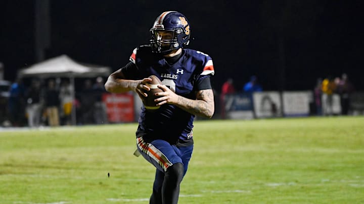 Nashville Christian quarterback Jared Curtis (2) runs the ball in for the go-ahead touchdown with 50 second left in game against Tyner Friday, Oct. 10, 2025, in Nashville, Tenn.