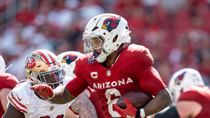 September 21, 2025; Santa Clara, California, USA; Arizona Cardinals running back James Conner (6) during the third quarter against the San Francisco 49ers at Levi's Stadium. Mandatory Credit: Kyle Terada-Imagn Images
