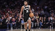 Nov 17, 2024; New York, New York, USA; Brooklyn Nets guard Cam Thomas (24) brings the ball up in the second quarter against the New York Knicks at Madison Square Garden. Mandatory Credit: Wendell Cruz-Imagn Images