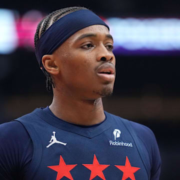 Mar 10, 2025; Toronto, Ontario, CAN; Washington Wizards forward Bilal Coulibaly (0) during a a game against the Toronto Raptors at Scotiabank Arena. Mandatory Credit: John E. Sokolowski-Imagn Images