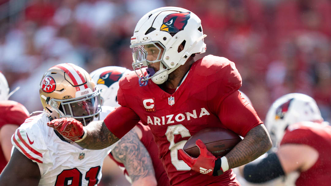 September 21, 2025; Santa Clara, California, USA; Arizona Cardinals running back James Conner (6) during the third quarter against the San Francisco 49ers at Levi's Stadium. Mandatory Credit: Kyle Terada-Imagn Images