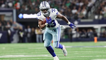 Dallas Cowboys running back Javonte Williams runs with the ball in the second quarter against the Philadelphia Eagles.