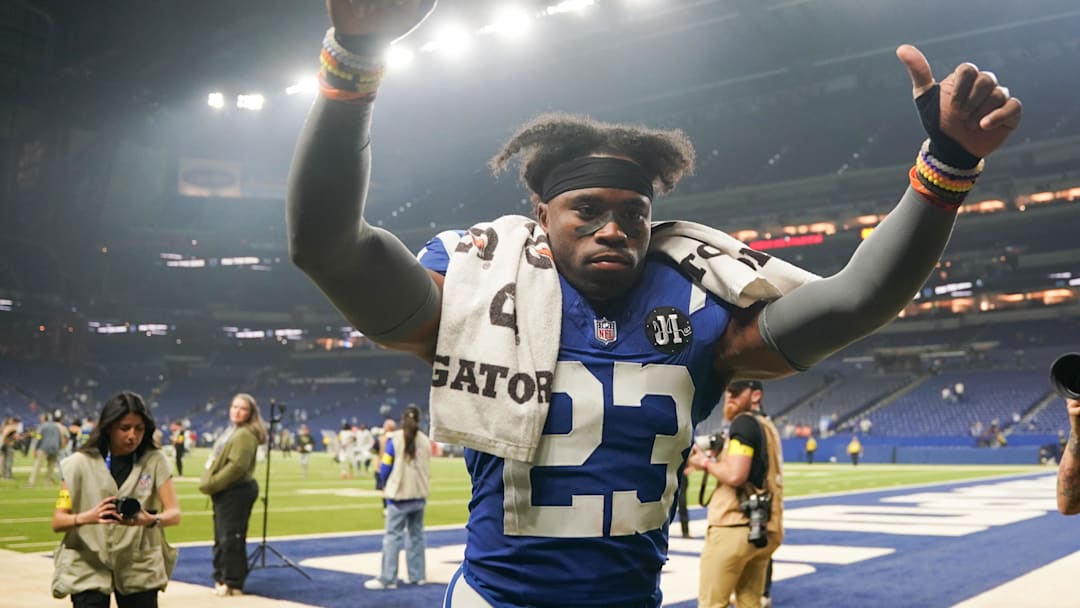 Oct 26, 2025; Indianapolis, Indiana, USA;  Indianapolis Colts cornerback Kenny Moore II (23) celebrates after the game against the Tennessee Titans at Lucas Oil Stadium. Mandatory Credit: Robert Goddin-Imagn Images