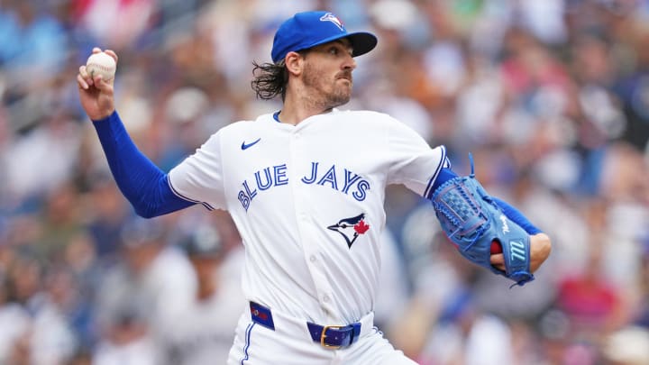 Jun 30, 2024; Toronto, Ontario, CAN; Toronto Blue Jays starting pitcher Kevin Gausman (34) throws a pitch game against the New York Yankees during the first inning at Rogers Centre