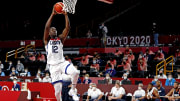 Aug 7, 2021; Saitama, Japan; United States guard Jrue Holiday (12) dunks the ball against France in the men's basketball gold medal game during the Tokyo 2020 Olympic Summer Games at Saitama Super Arena. Mandatory Credit: Geoff Burke-USA TODAY Sports