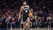 Nov 17, 2024; New York, New York, USA; Brooklyn Nets guard Cam Thomas (24) brings the ball up in the second quarter against the New York Knicks at Madison Square Garden. Mandatory Credit: Wendell Cruz-Imagn Images
