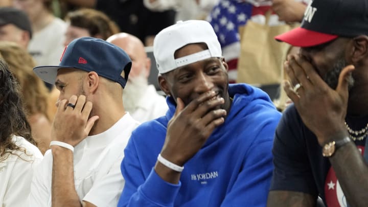 Aug 11, 2024; Paris, France; Megan Rapinoe, Sue Bird, Derrick White, Bam Adebayo and LeBron James watch the first half between the United States and France in the women's gold medal game during the Paris 2024 Olympic Summer Games at Accor Arena. Mandatory Credit: Kyle Terada-USA TODAY Sports