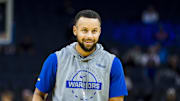 Oct 8, 2025; San Francisco, California, USA;  Golden State Warriors guard Stephen Curry (30) warms up before the game against the Portland Trail Blazers at Chase Center. Mandatory Credit: John Hefti-Imagn Images