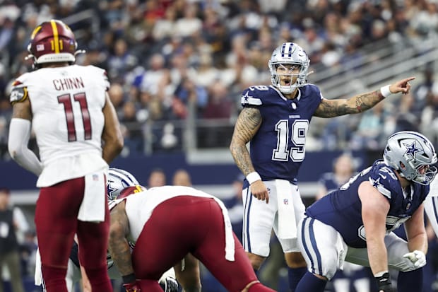 Dallas Cowboys quarterback Trey Lance calls out signals during the second half against the Washington Commanders.