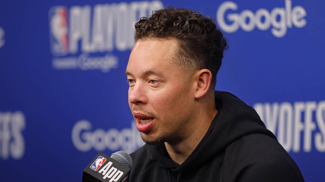 May 10, 2026; Minneapolis, Minnesota, USA; San Antonio Spurs head coach Mitch Johnson speaks to the media before game four of the second round of the 2026 NBA Playoffs against the Minnesota Timberwolves at Target Center. Mandatory Credit: Bruce Kluckhohn-Imagn Images