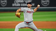 Aug 22, 2020; Kansas City, Missouri, USA; Minnesota Twins relief pitcher Danny Coloumbe (53) pitches against the Kansas City Royals during the eighth inning at Kauffman Stadium. Mandatory Credit: Jay Biggerstaff-Imagn Images