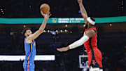 Oct 21, 2025; Oklahoma City, Oklahoma, USA; Oklahoma City Thunder center Chet Holmgren (7) shoots against the Houston Rockets during the first half at Paycom Center. Mandatory Credit: Alonzo Adams-Imagn Images