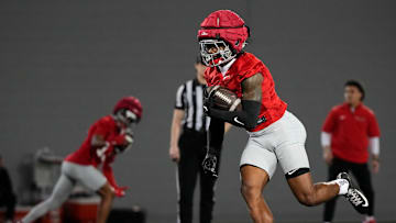Ohio State Buckeyes wide receiver Jeremiah Smith (4) fields a punt during spring football practice at the Woody Hayes Athletic Center in Columbus on March 19, 2025.