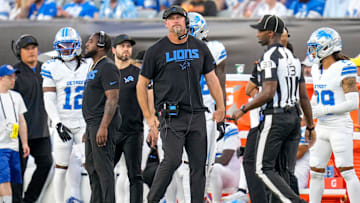 Detroit Lions head coach Dan Campbell reacts to a Bengals touchdown in the fourth quarter of the NFL Week 5 game between the Cincinnati Bengals and the Detroit Lions at Paycor Stadium in downtown Cincinnati on Sunday, Oct. 5, 2025. The Bengals continued a losing streak, falling 37-24 to the Lions.