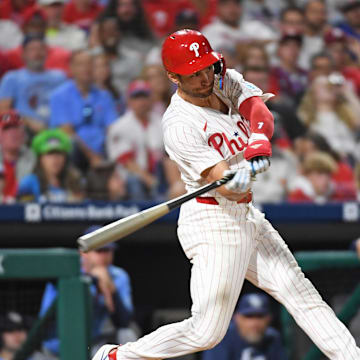 Philadelphia Phillies shortstop Trea Turner (7) hits a two run home run during the eighth inning against the Tampa Bay Rays at Citizens Bank Park on Sept 10.