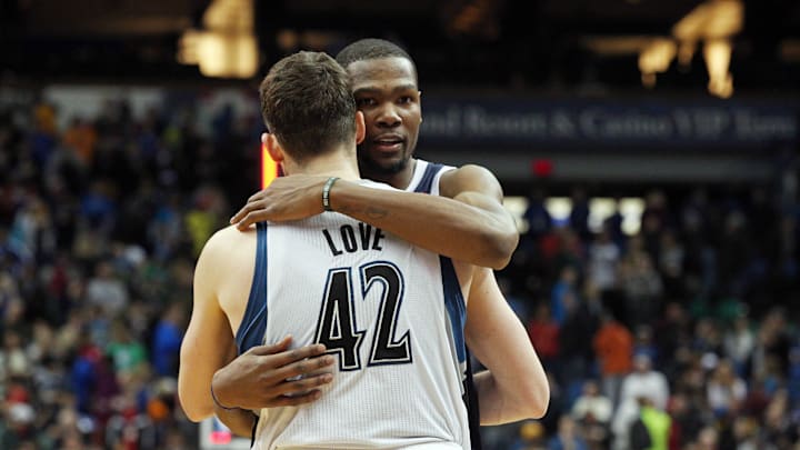 Jan 4, 2014; Minneapolis, MN, USA; Oklahoma City Thunder small forward Kevin Durant (35) hugs Minnesota Timberwolves power forward Kevin Love (42) after the game at Target Center. The Thunder won 115-111. Mandatory Credit: Jesse Johnson-Imagn Images Jan 4, 2014; Minneapolis, MN, USA; Oklahoma City Thunder small forward Kevin Durant (35) hugs Minnesota Timberwolves power forward Kevin Love (42) after the game at Target Center. The Thunder won 115-111. Mandatory Credit: Jesse Johnson-Imagn Images