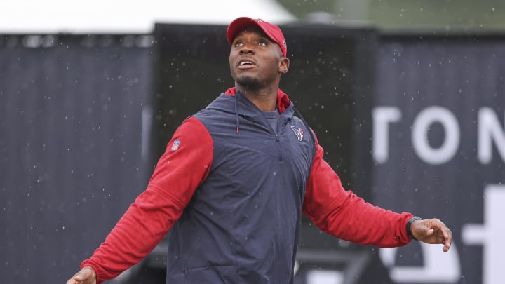 Jul 27, 2024; Houston, TX, USA; Houston Texans head coach DeMeco Ryans walks on the field before training camp at Houston Methodist Training Center. Mandatory Credit: Troy Taormina-USA TODAY Sports