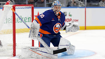 Nov 30, 2024; Elmont, New York, USA; New York Islanders goaltender Ilya Sorokin (30) makes a save against the Buffalo Sabres during the third period at UBS Arena. Mandatory Credit: Brad Penner-Imagn Images