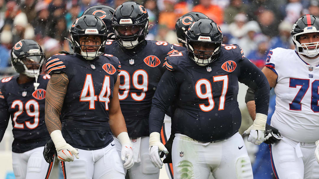 Nov 9, 2025; Chicago, Illinois, USA; Chicago Bears defensive tackle Andrew Billings (97) reacts after a tackle against the New York Giants during the first half at Soldier Field. Mandatory Credit: Mike Dinovo-Imagn Images