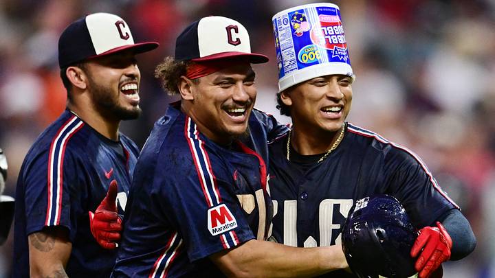 Jul 2, 2024: Cleveland Guardians pinch hitter Bo Naylor, right, celebrates with first baseman Josh Naylor, middle, and third baseman Gabriel Arias after hitting a walk off sacrifice fly during the ninth inning against the Chicago White Sox at Progressive Field. Credit: Ken Blaze-USA TODAY Sports