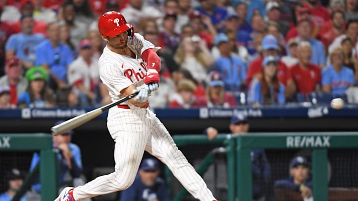 Sep 10, 2024; Philadelphia, Pennsylvania, USA; Philadelphia Phillies shortstop Trea Turner (7) hits a two run home run during the eighth inning against the Tampa Bay Rays at Citizens Bank Park. 