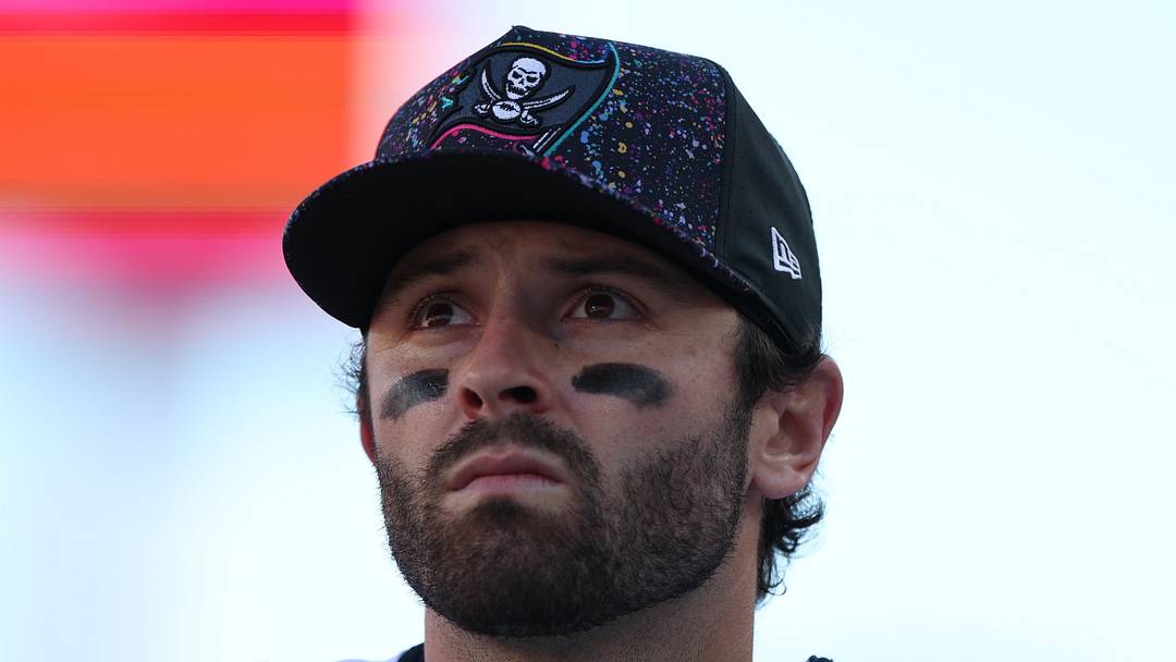 Oct 12, 2025; Tampa, Florida, USA; Tampa Bay Buccaneers quarterback Baker Mayfield (6) stands on the field during the second quarter against the San Francisco 49ers at Raymond James Stadium. Mandatory Credit: Nathan Ray Seebeck-Imagn Images