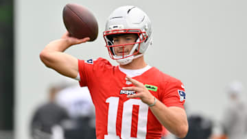 Jun 9, 2025; Foxborough, MA, USA; New England Patriots quarterback Drake Maye (10) throws a pass during minicamp at Gillette Stadium. Mandatory Credit: Eric Canha-Imagn Images