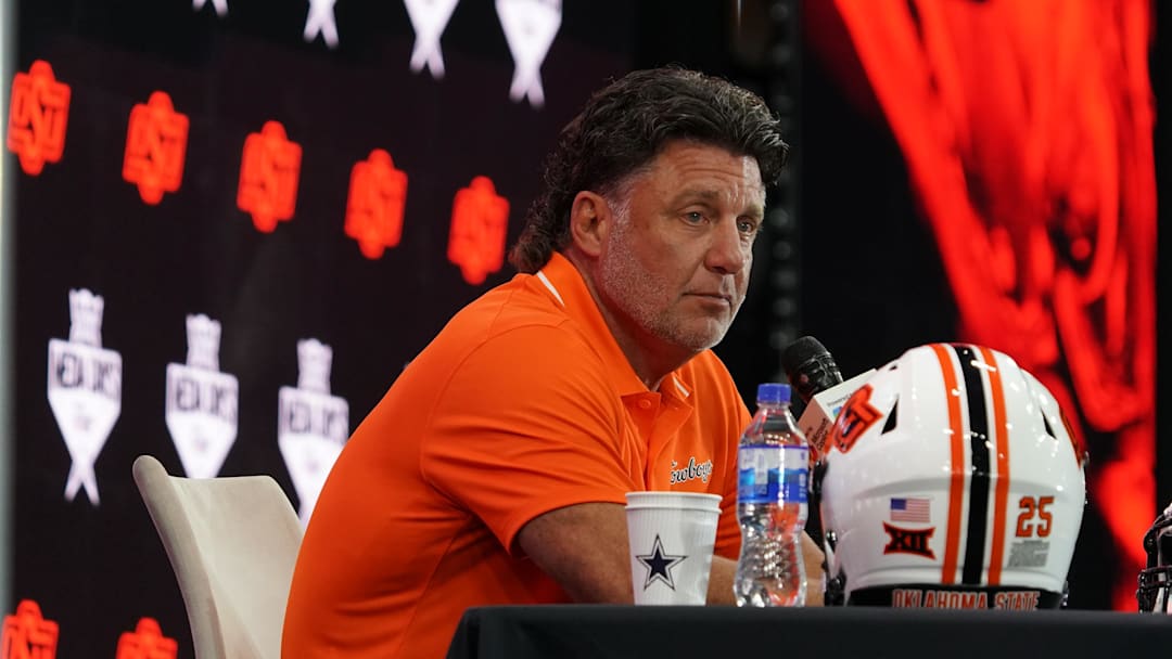 Jul 9, 2025; Frisco, TX, USA; Oklahoma State head coach Mike Gundy speaks with the media during 2025 Big 12 Football Media Days at The Star. Mandatory Credit: Raymond Carlin III-Imagn Images