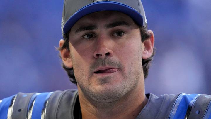 Indianapolis Colts quarterback Daniel Jones walks off the field