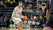 Oregon center Nate Bittle looks to pass as the Oregon Ducks host the Indiana Hoosiers Tuesday, March 4, 2025, at Matthew Knight Arena in Eugene, Ore.