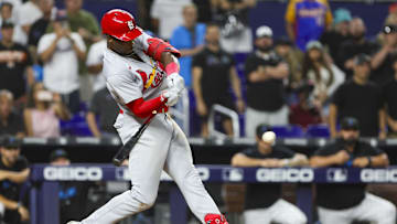 Jul 5, 2023; Miami, Florida, USA; St. Louis Cardinals left fielder Jordan Walker (18) hits a two-run