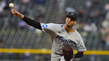 Sep 16, 2025; Denver, Colorado, USA; Miami Marlins pitcher Eury Perez (39) delivers a pitch in the first inning against the Colorado Rockies at Coors Field. Mandatory Credit: Ron Chenoy-Imagn Images