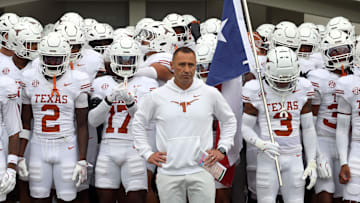 Oct 25, 2025; Starkville, Mississippi, USA;  Texas Longhorns head coach Steve Sarkisian waits to lead his team onto the field prior to the game against the Mississippi State Bulldogs at Davis Wade Stadium at Scott Field. Mandatory Credit: Petre Thomas-Imagn Images