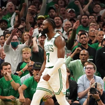 Jun 8, 2022; Boston, Massachusetts, USA; Boston Celtics guard Jaylen Brown (7) reacts after blocking a shot by Golden State Warriors in the fourth quarter during game three of the 2022 NBA Finals at TD Garden. Mandatory Credit: Kyle Terada-USA TODAY Sports