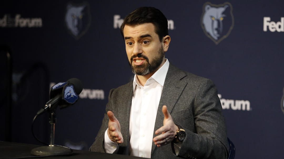 Oct 2, 2023; Memphis, TN, USA; Memphis Grizzlies general manager Zach Kleiman answers questions from media members during media day at FedEx Forum. Mandatory Credit: Petre Thomas-Imagn Images