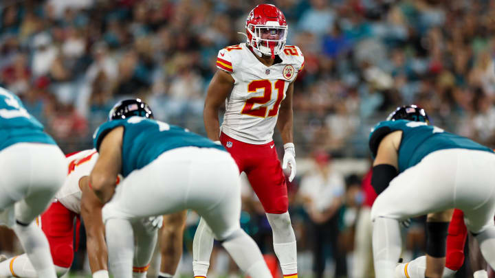 Aug 10, 2024; Jacksonville, Florida, USA; Kansas City Chiefs safety Jaden Hicks (21) lines up against the Jacksonville Jaguars in the second quarter during preseason at EverBank Stadium. Mandatory Credit: Nathan Ray Seebeck-USA TODAY Sports