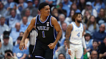 Duke v North Carolina; Duke basketball guard Caleb Foster