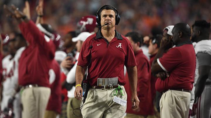 Jan 11, 2016; Glendale, AZ, USA; Alabama Crimson Tide offensive line coach Mario Cristobal looks on against the Clemson Tigers during the 2016 CFP National Championship at U. of Phoenix Stadium. Mandatory Credit: Joe Camporeale-Imagn Images