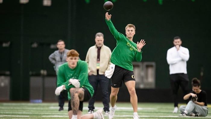 Oregon quarterback Bo Nix throws during Oregon Pro Day Tuesday, March 12, 2024 at the Moshofsky
