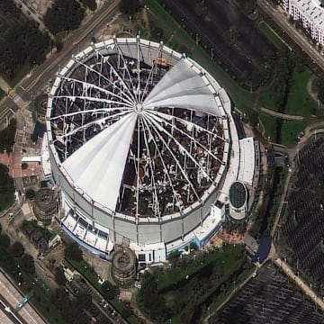 The roof of Tropicana Field, home of the Tampa Bay Rays MLB team, was torn off by Hurricane Milton's powerful winds. Satellite imagery from Maxar shows the destruction on Oct. 10, 2024.