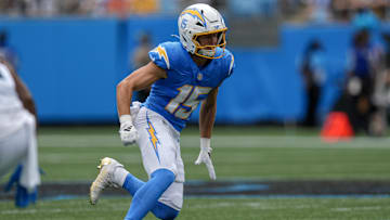 Sep 15, 2024; Charlotte, North Carolina, USA; Los Angeles Chargers wide receiver Ladd McConkey (15) runs his route during the first quarter against the Carolina Panthers at Bank of America Stadium. Mandatory Credit: Jim Dedmon-Imagn Images