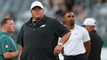 Aug 22, 2025; East Rutherford, New Jersey, USA; Philadelphia Eagles primary bodyguard, Big Dom DiSandro looks on during warm ups before the preseason game between the New York Jets and the Eagles at MetLife Stadium.