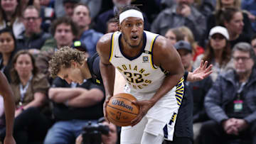 Jan 15, 2024; Salt Lake City, Utah, USA; Indiana Pacers center Myles Turner (33) looks to pass the ball against the Utah Jazz during the second quarter at Delta Center. Mandatory Credit: Rob Gray-Imagn Images