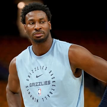 Apr 15, 2025; San Francisco, California, USA; Memphis Grizzlies forward Jaren Jackson Jr. (13) stands on the court before the start of the game against the Golden State Warriors at the Chase Center.