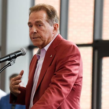 Nick Saban speaks Wednesday, Aug. 14, 2024, at Bryant-Denny Stadium during the annual Nick’s Kids Foundation Luncheon.