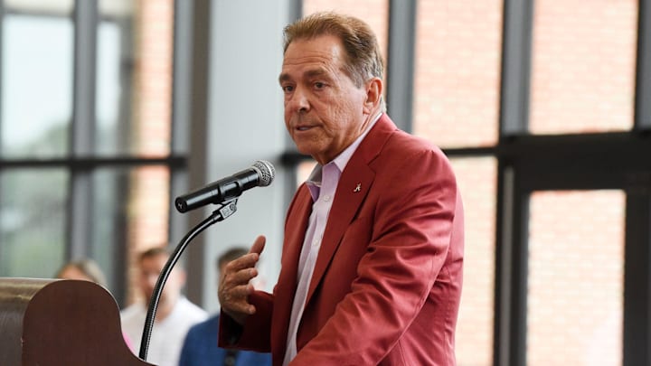 Nick Saban speaks Wednesday, Aug. 14, 2024, at Bryant-Denny Stadium during the annual Nick’s Kids Foundation Luncheon.