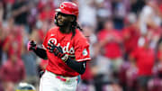 Cincinnati Reds shortstop Elly De La Cruz (44) gestures to the crowd after hitting a two-run homer in the second inning of a MLB game between the Cincinnati Reds and Pittsburgh Pirates, Tuesday, Sept. 23, 2025, at Great American Ball Park in downtown Cincinnati.