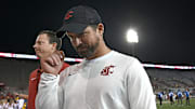 Aug 30, 2025; Pullman, Washington, USA; Washington State Cougars head coach Jimmy Rogers walks off the field after a game against the Idaho Vandals at Gesa Field at Martin Stadium. Washington State Cougars won 13-10. Mandatory Credit: James Snook-Imagn Images